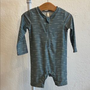 Kids Long Sleeve One-Piece Swimsuit in Teal with Wave Print
